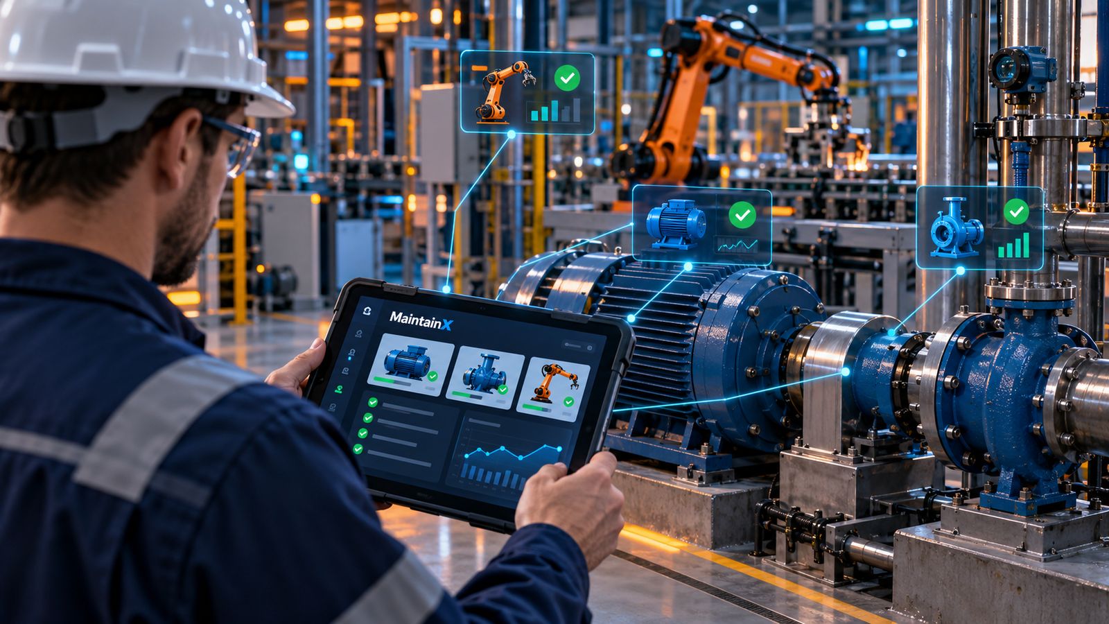 Técnico revisando el estado de los equipos de planta con MaintainX en una tableta